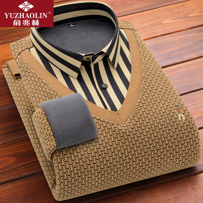 新款加绒加厚男士假两件毛衣针织衫衬衫领子拼接保暖男装衬衣