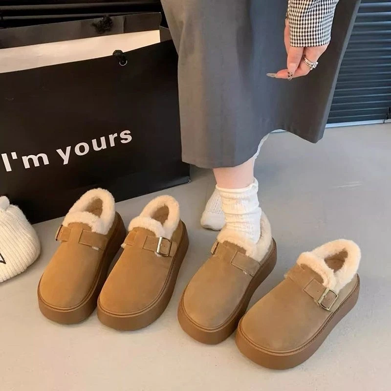 厚底勃肯鞋女2024冬季新款加绒加厚保暖时尚一脚蹬毛毛雪地棉鞋子