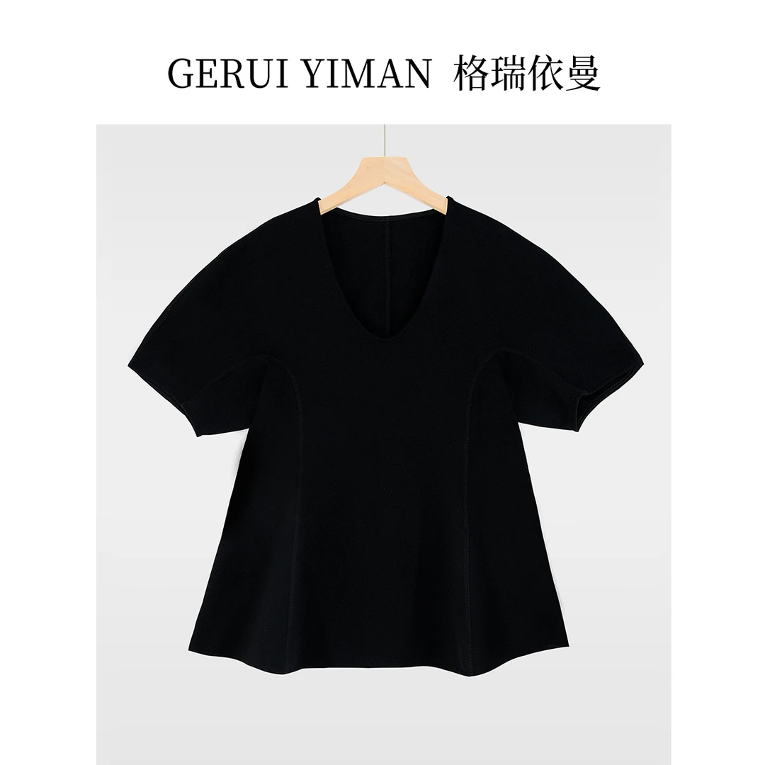 格瑞依曼2025春秋大码女黑色V领收腰上衣大码短袖T恤时尚大气经典