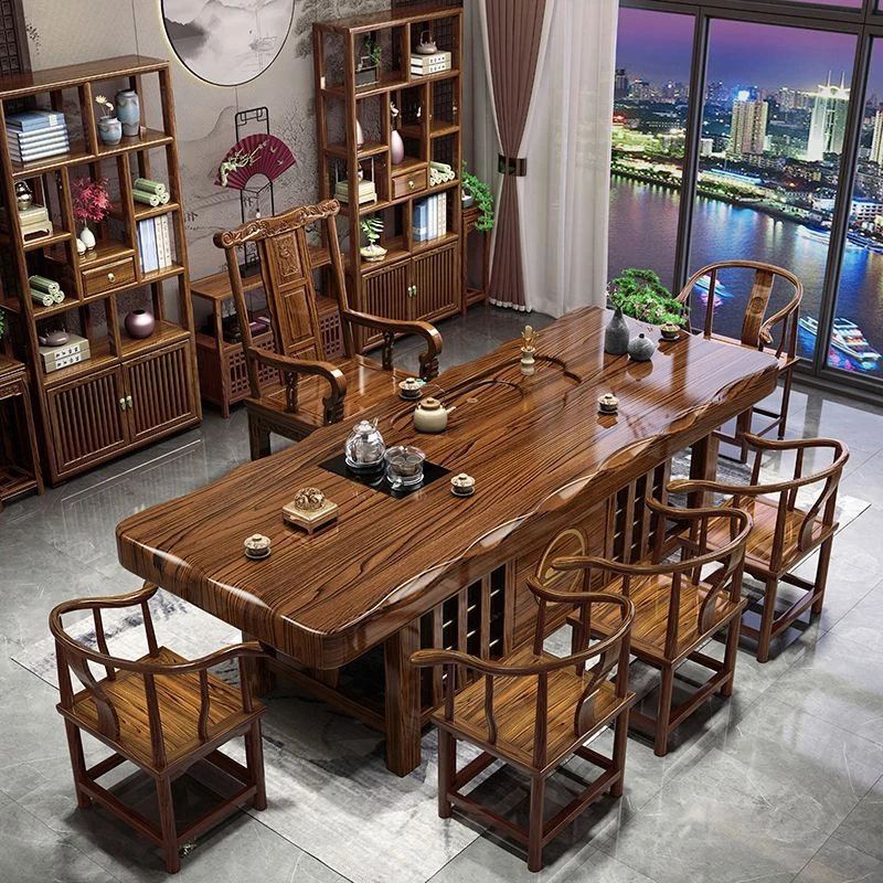 高端雕刻原木实木大板茶桌椅组合家用茶台一整套办公室茶几泡茶
