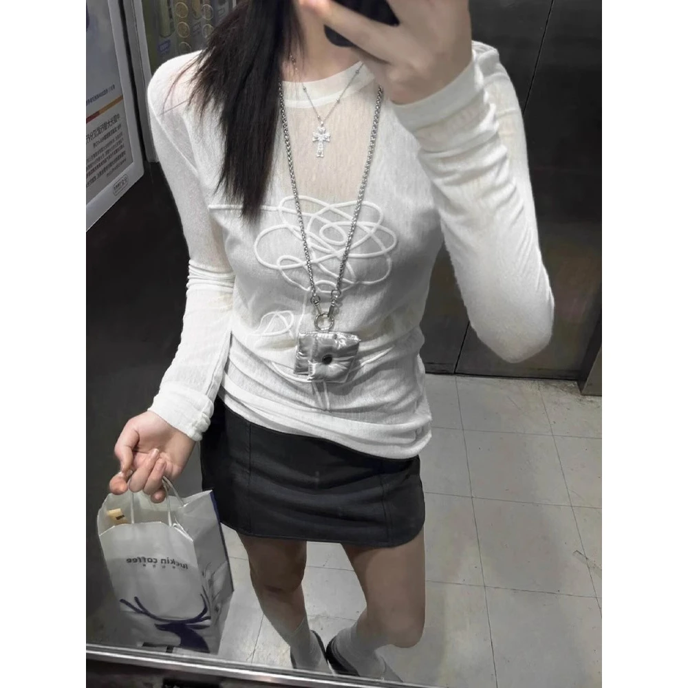 美式辣妹打底印花微透长袖t恤女夏季修身薄款防晒罩衫设计感上衣