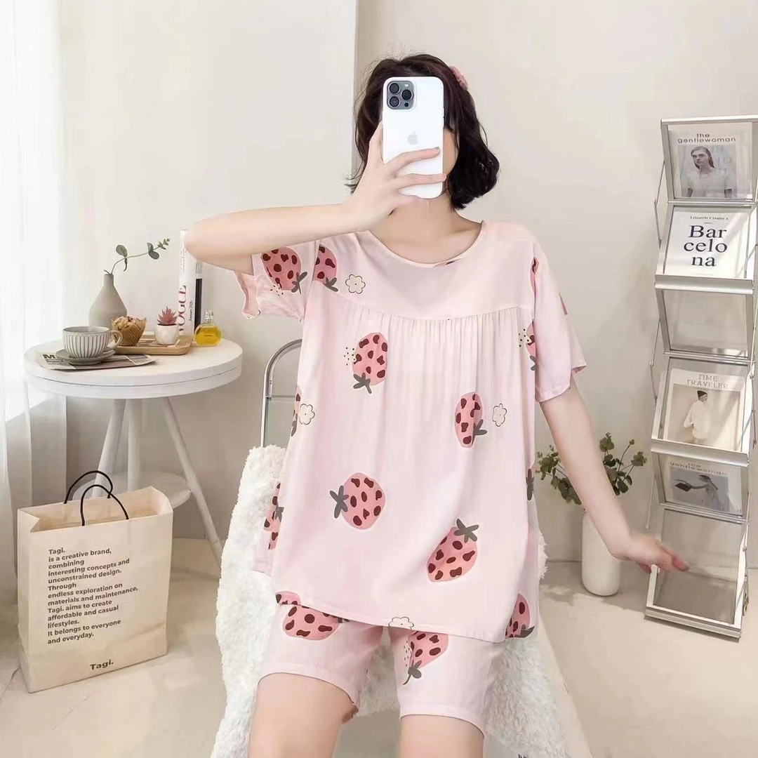 夏季短袖棉绸女士两件套装薄款宽松大码绵绸韩版短袖短裤人造棉
