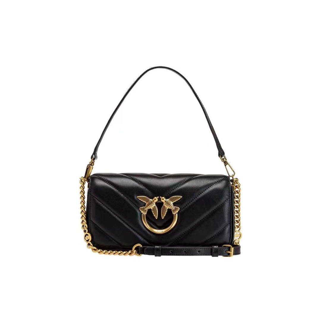 PINKO V纹链条肩带羊皮 飞鸟燕子包单肩斜挎包女款黑色100068