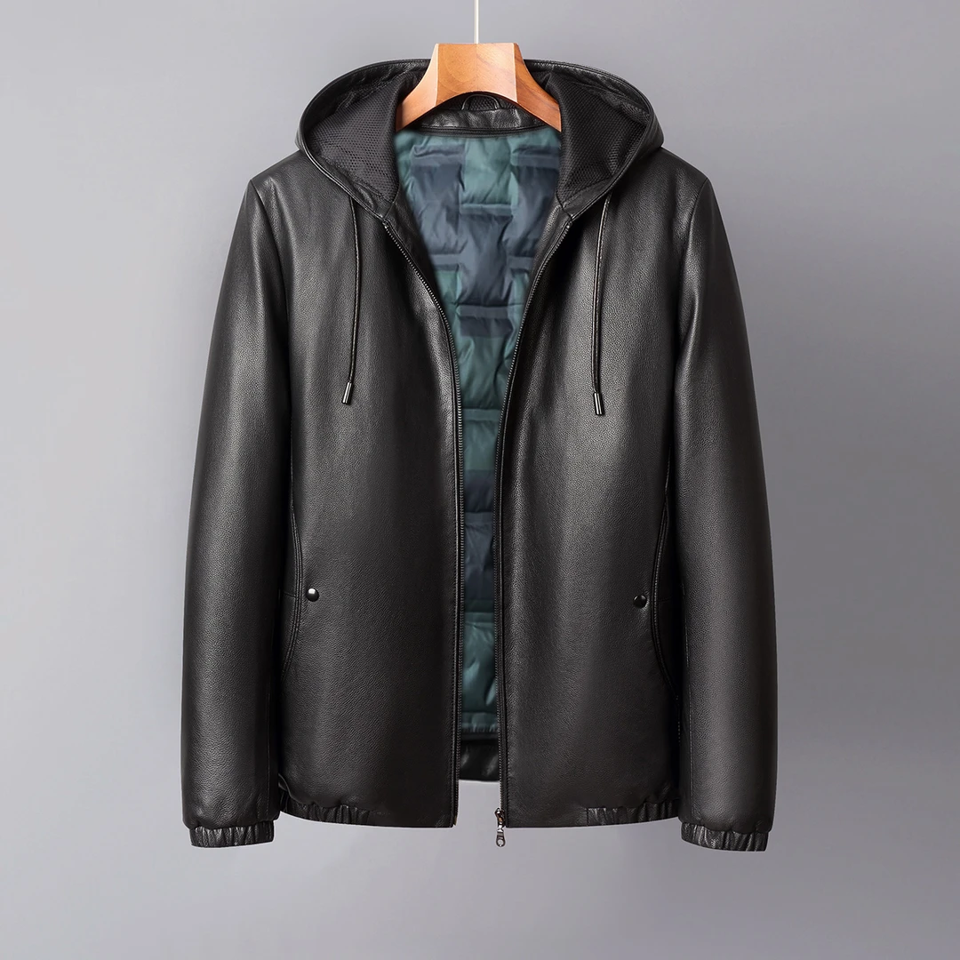 919-E 牛皮鹅绒服海宁头层真皮皮衣男士短款休闲连帽夹克外套
