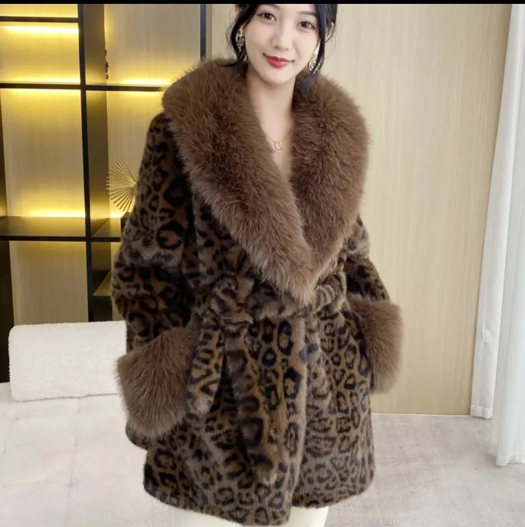 豹纹水貂皮草貉皮外套短款2024冬季时尚新款貂皮大衣仿皮草貉皮