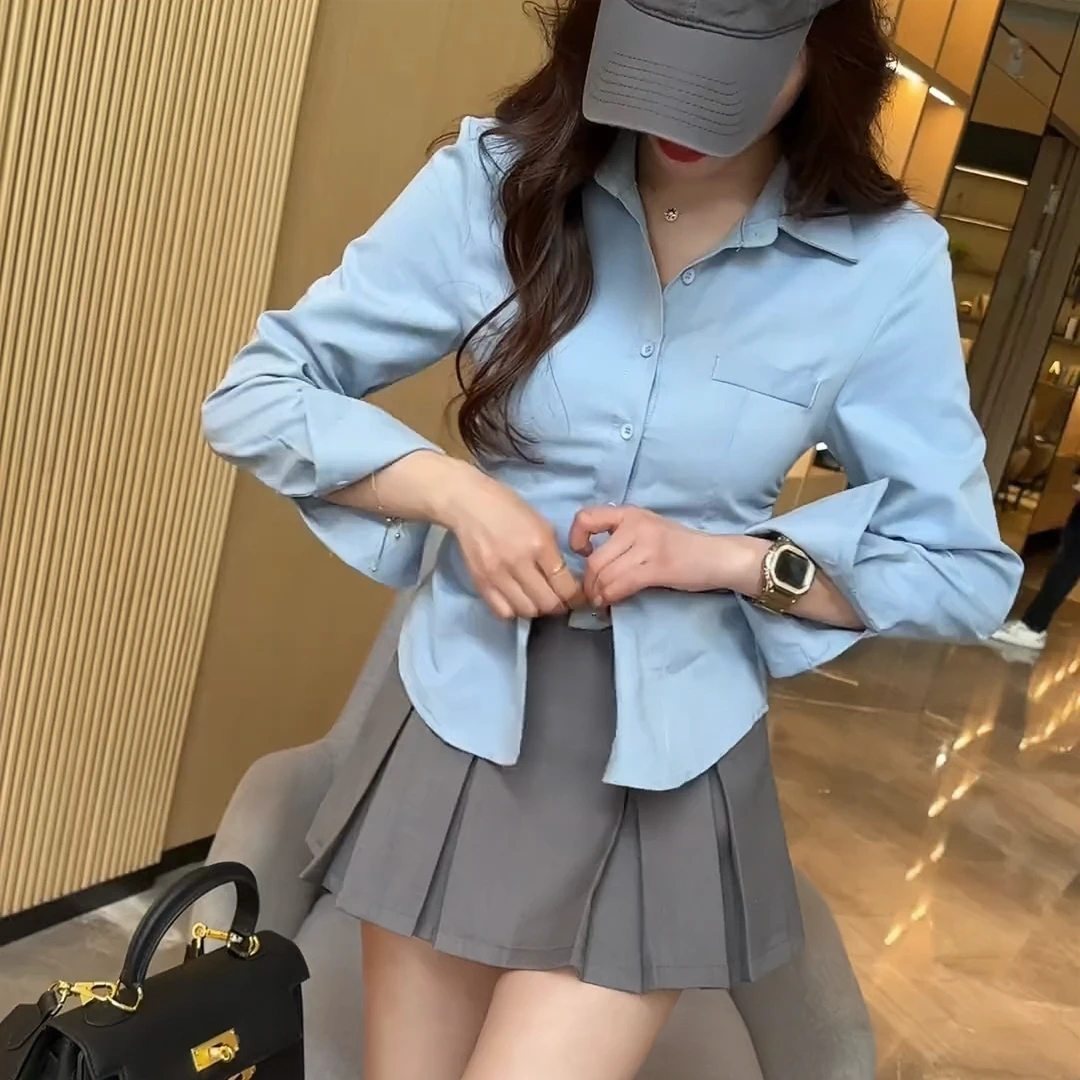 纯欲辣妹性感单排扣褶皱收腰显瘦翻领衬衫减龄高腰百褶裙