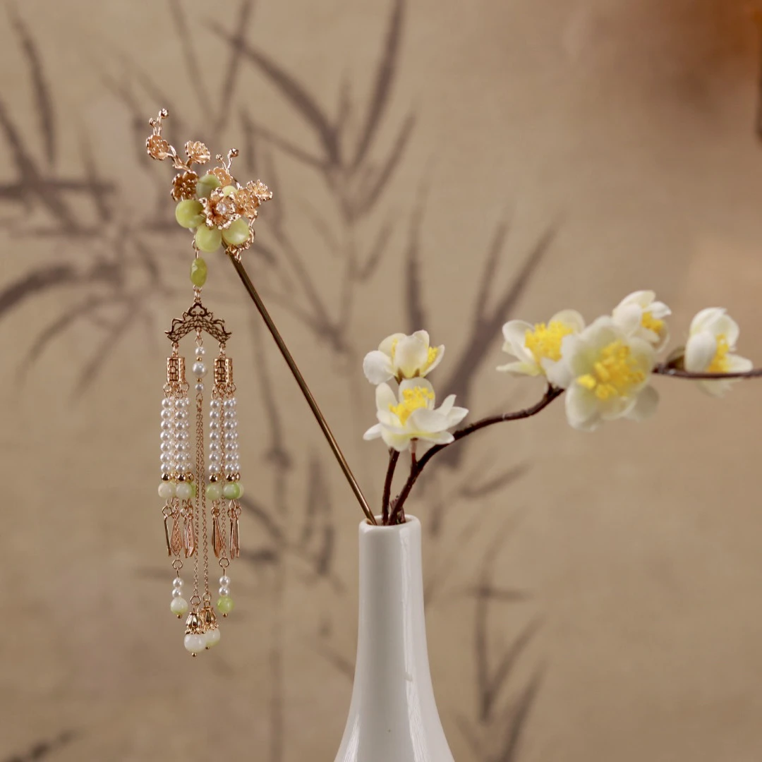 花小烟【绿芜】纯铜高保色可拆卸流苏发簪百搭古风汉服配饰