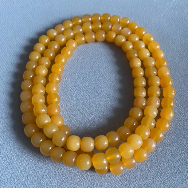 缅黄经典老型黄色长串精美素圈玉手串108尺7.1mm左右石英质玉手串