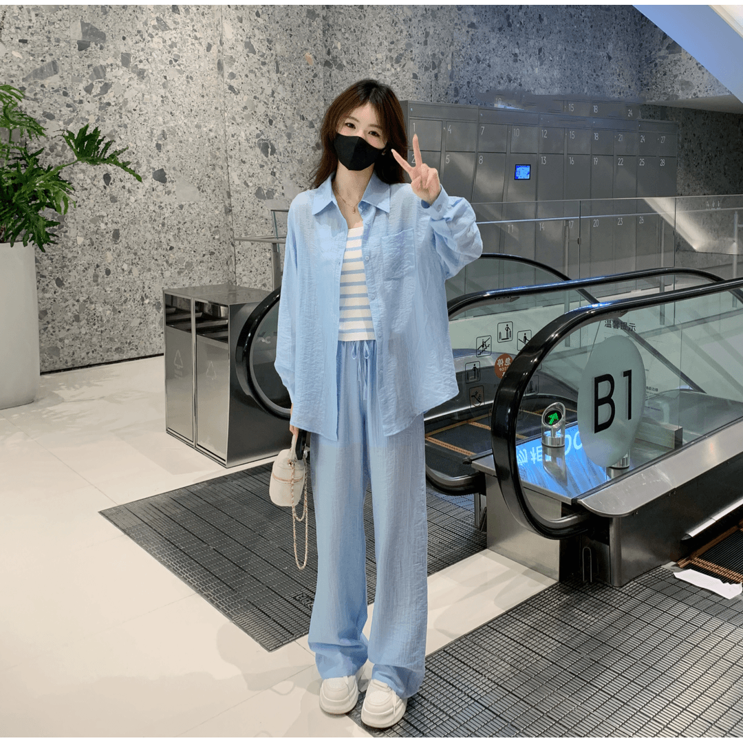 慵懒假日2024设计师新款防晒衬衣外套+背心+长裤三件套装