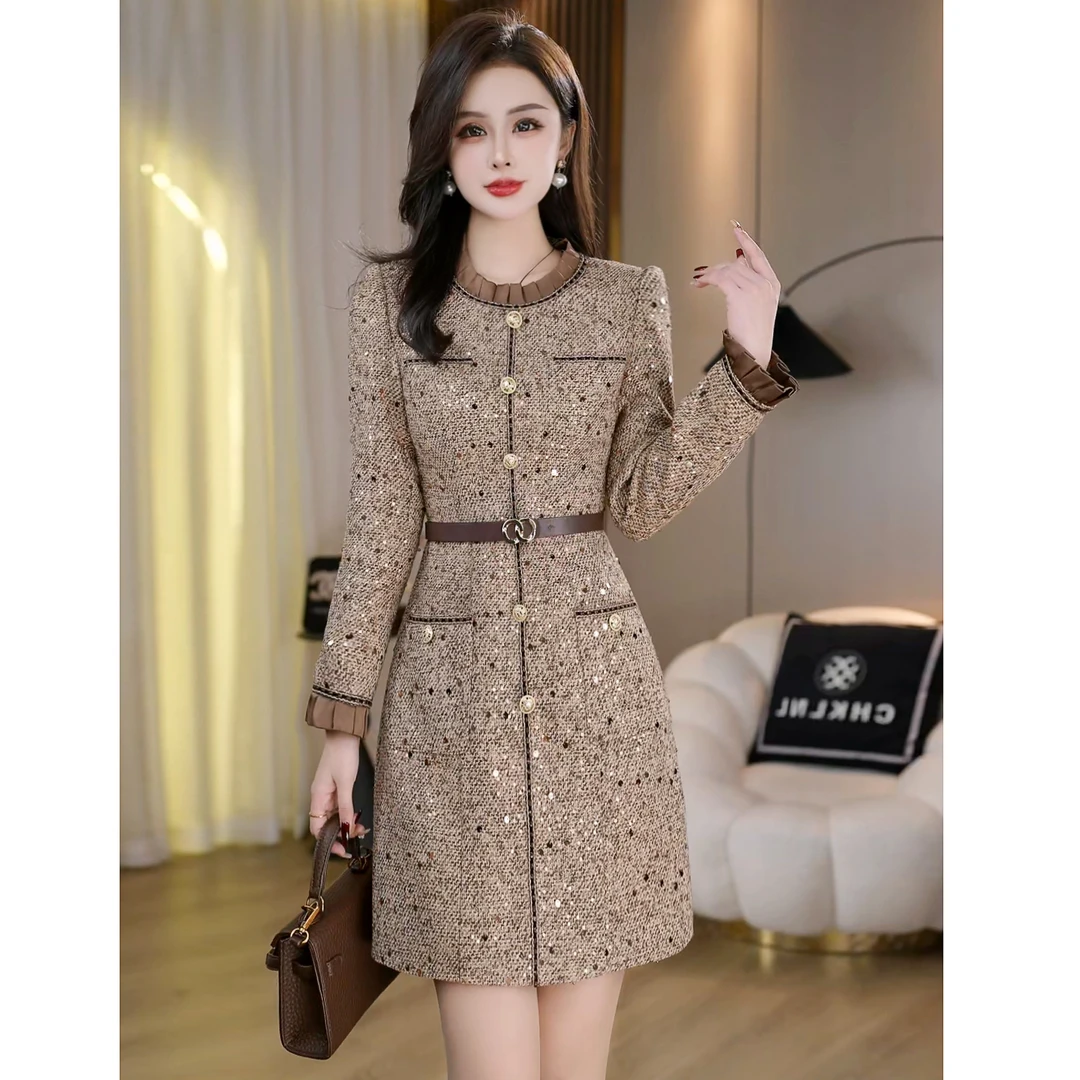 秋冬名媛精致圆领小香风亮片修身显瘦连衣裙 C5755