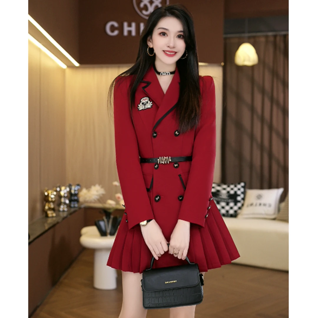 春秋新款气质学院风撞色拼接收腰显瘦西装百褶连衣裙C5632