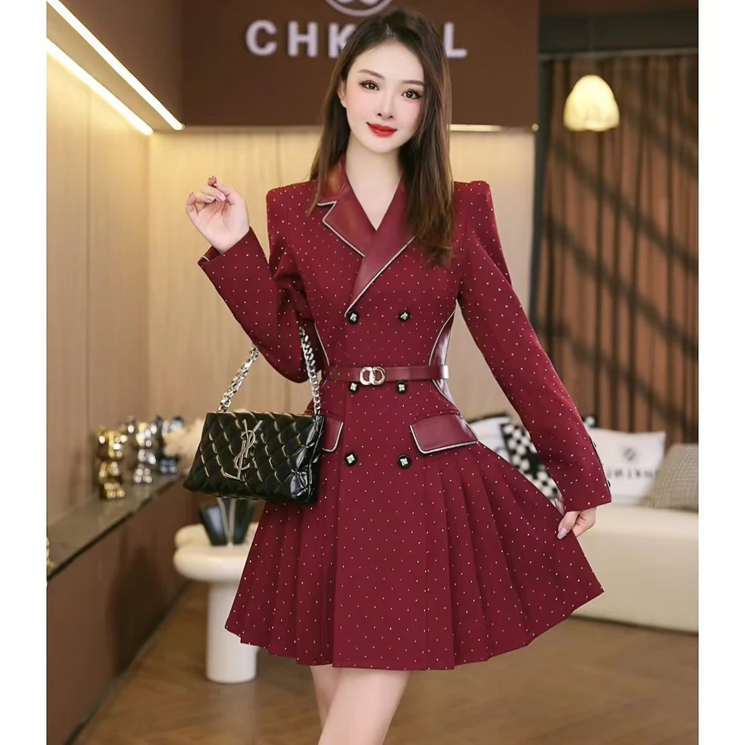 2024法式收腰气质小香风拼接高级感修身西装连衣裙C5740