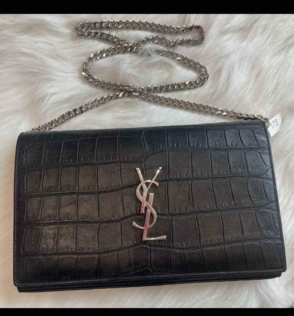 99新 YSL/圣罗兰 YSL信封鳄鱼纹黑银中号单肩斜挎包1214030