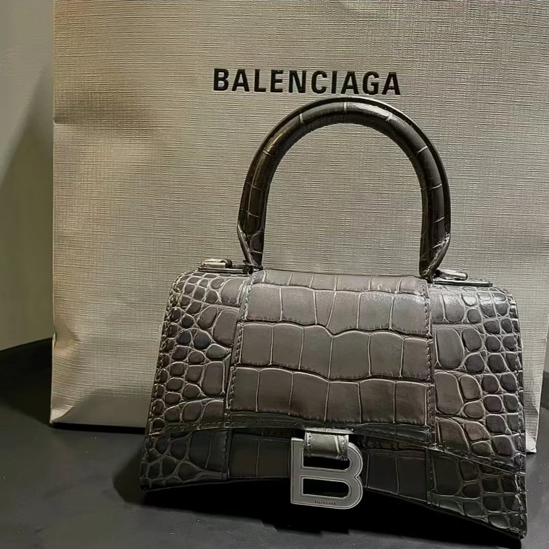 99新 Balenciaga/巴黎世家 鳄压沙漏灰银XS单肩斜挎手提包/许可