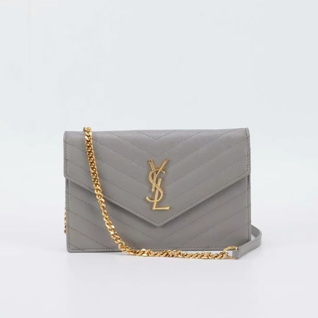 99新 YSL/圣罗兰 灰金信封中号单肩斜挎链条包/许可