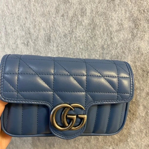 99新 GUCCI/古驰 新款蓝色马蒙迷你银扣/单肩斜跨包/友奢