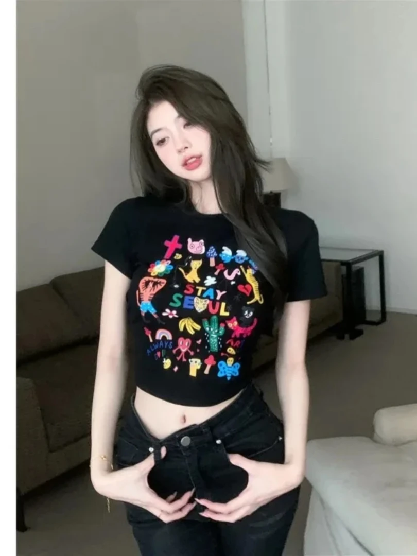 小众设计感网红女款辣妹短款上衣修身显瘦夏装正肩印花短袖t恤女
