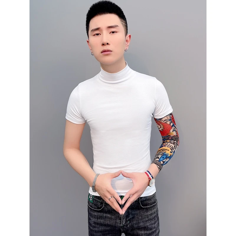 T恤男修身春夏半高领短袖百搭纯色净版休闲体恤青年小版打底上衣
