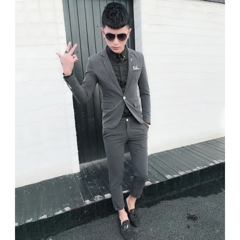 社会小伙潮流男装修身单扣套装发型师小码紧身男西服二件套小西装