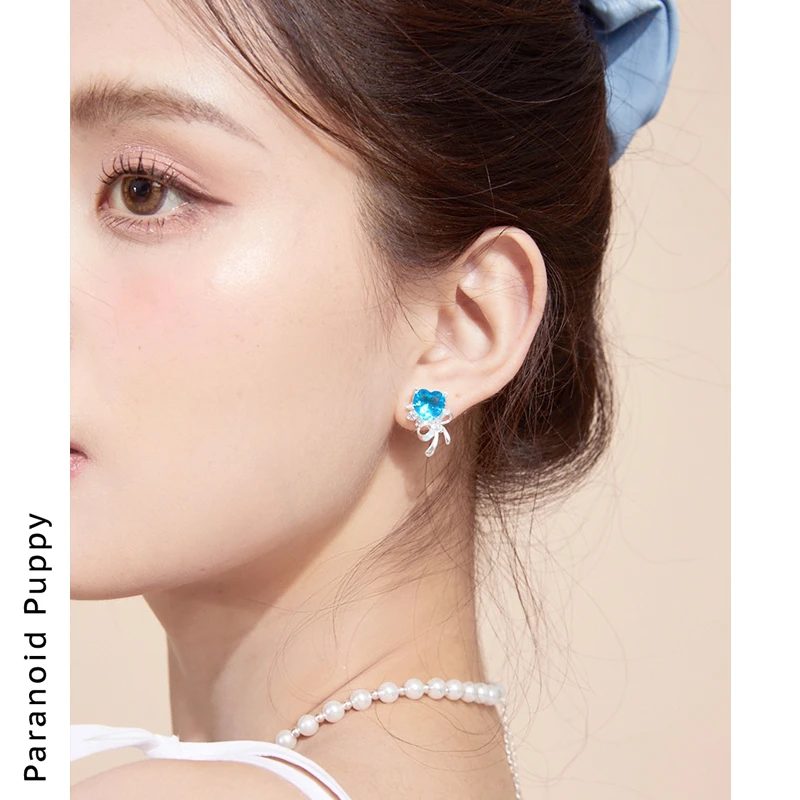 925银合成锆石耳饰 1019《澈心》多巴胺蝴蝶结爱心蓝色宝石耳环