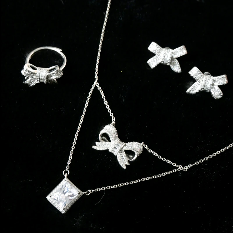 铜合金项链 0725 冬日午后轻奢蝴蝶结双层锆石项链