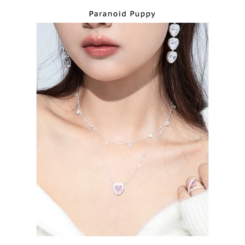 吊坠925银合成锆石 1005Adore 粉色爱心项链女轻奢颈链耳环戒指