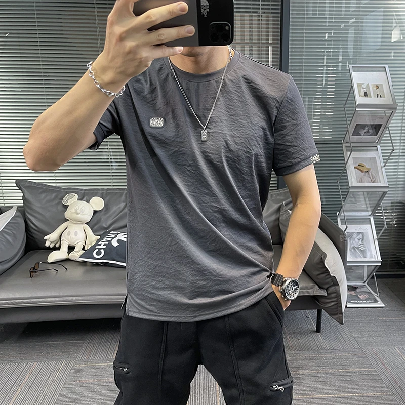 清凉棉麻短袖t恤男新款速干简约纯色亚麻透气冰感麻料潮牌男士