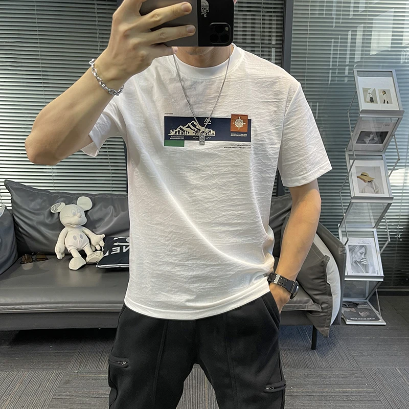 A78107棉麻夏季短袖t恤男新款圆领亚麻速干凉感薄款麻料潮牌