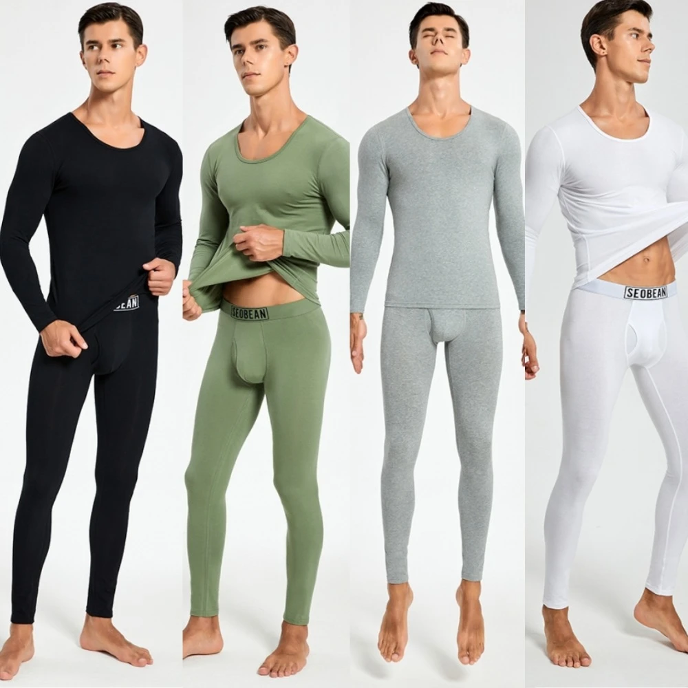 青叔 231201男款保暖纯棉舒适薄款秋衣秋裤圆领弹力秋冬男士套装