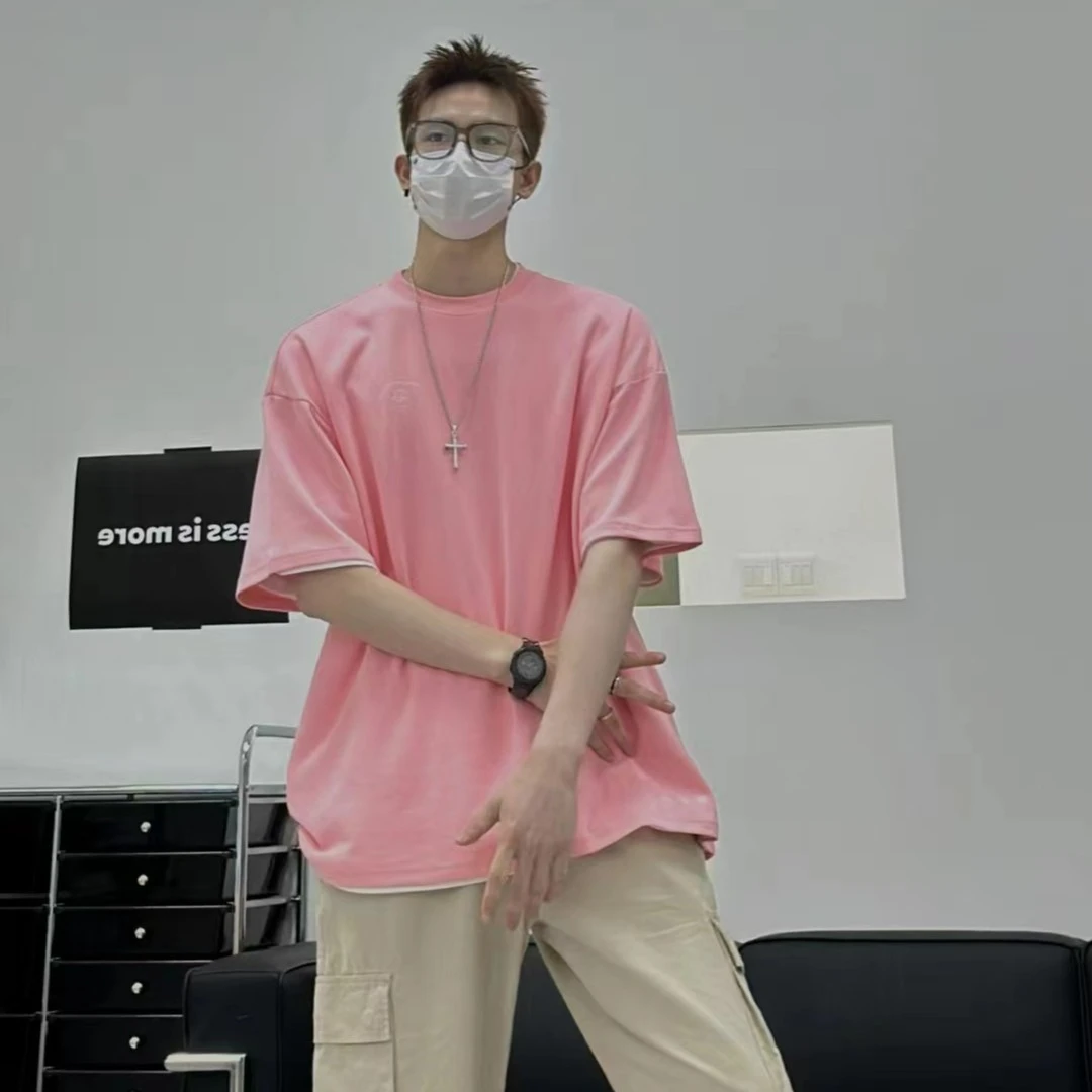 青叔9962骚粉少年纯色T恤短袖休闲百搭情侣圆领时尚潮流夏季简约
