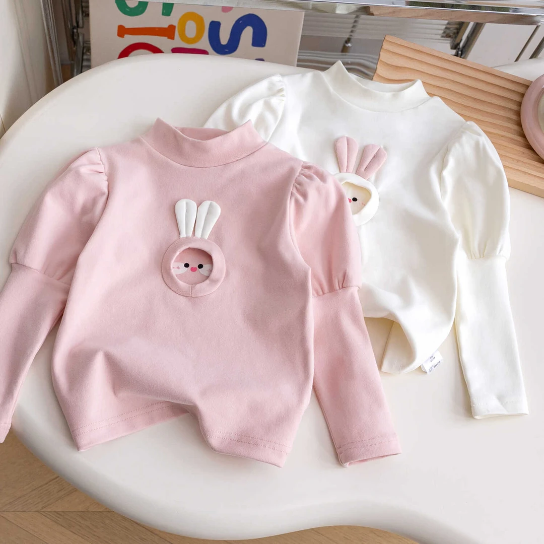 女童甜美T恤2025秋季新款女宝百搭洋气立体小兔半高领打底衫