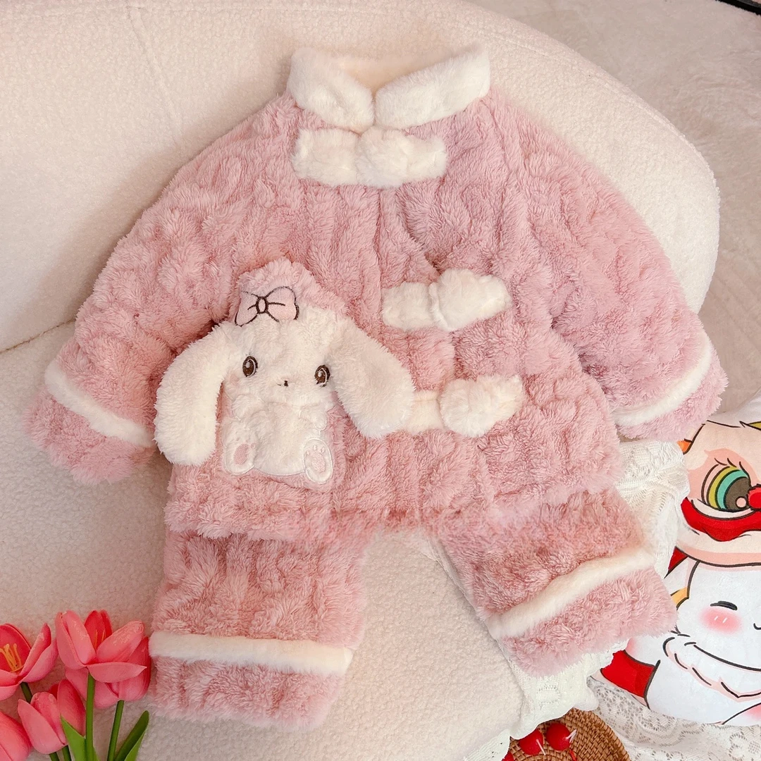 冬季婴儿童装加绒加厚女宝宝冬装卡通冬季保暖盘扣女童家居服套装
