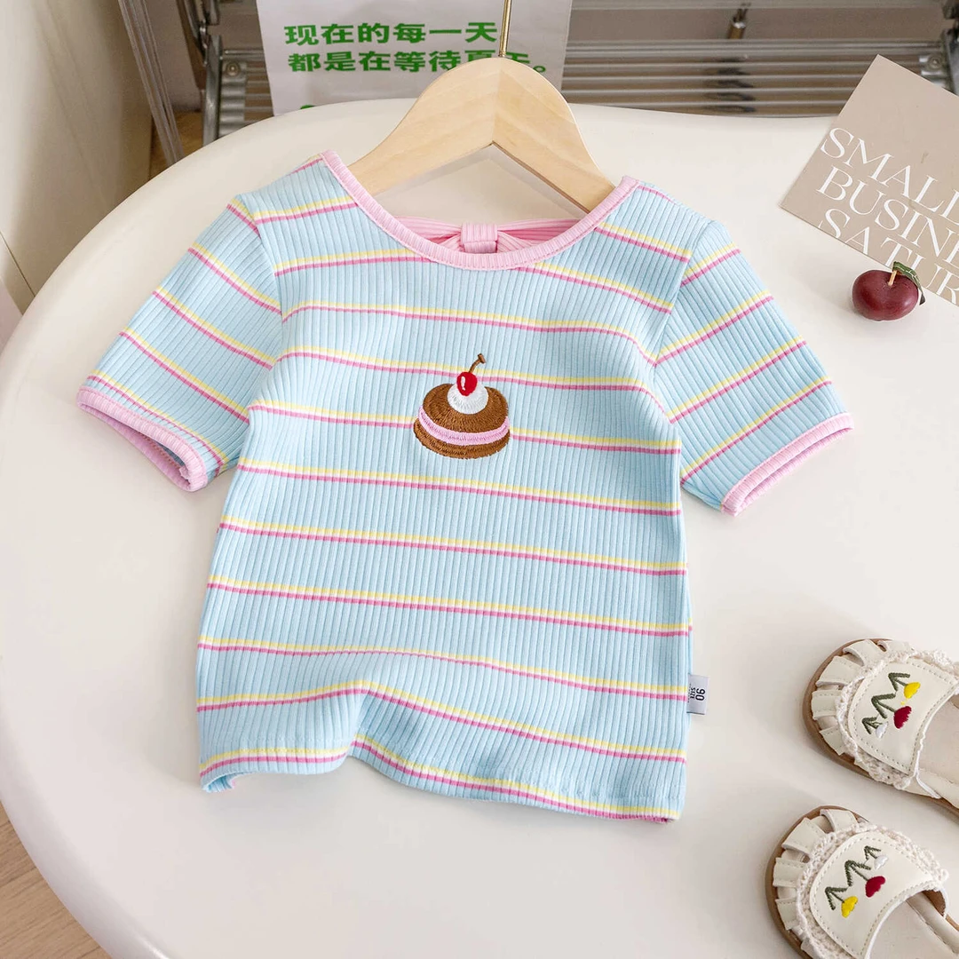 女宝宝夏季短袖T恤衫2025新款小女孩洋气条纹针织衫夏装韩版上衣