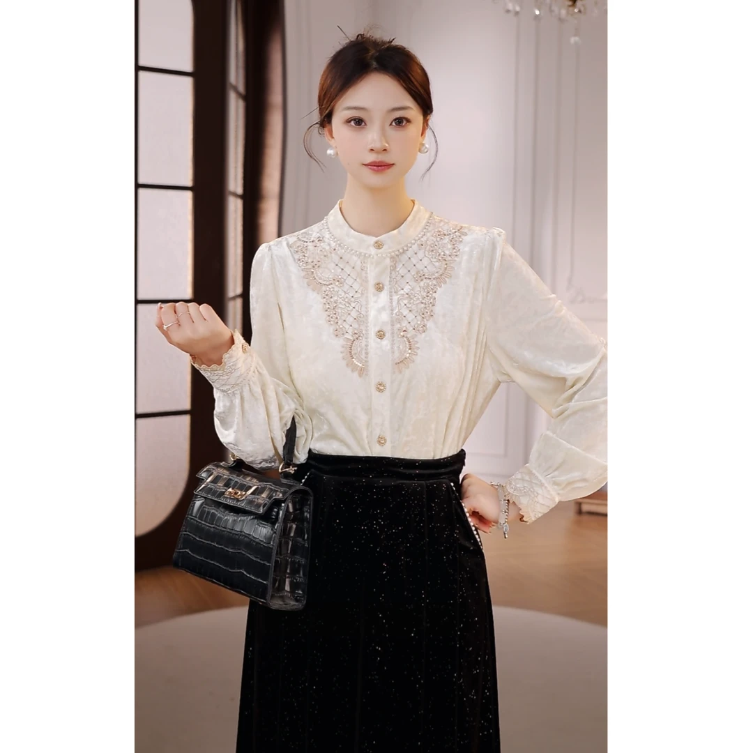 【妮妮】奢华格调 原创轻奢气质丝绒衬衫/洋气半裙 XJ234A3065