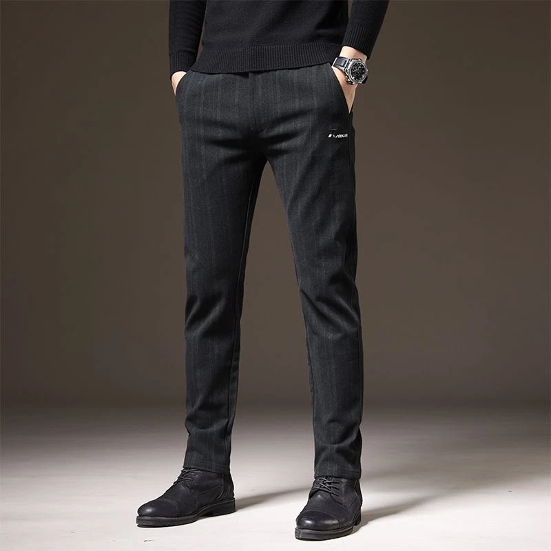 秋冬新款条纹毛呢修身直筒休闲抗寒保暖微锥西裤时尚设计保暖有型