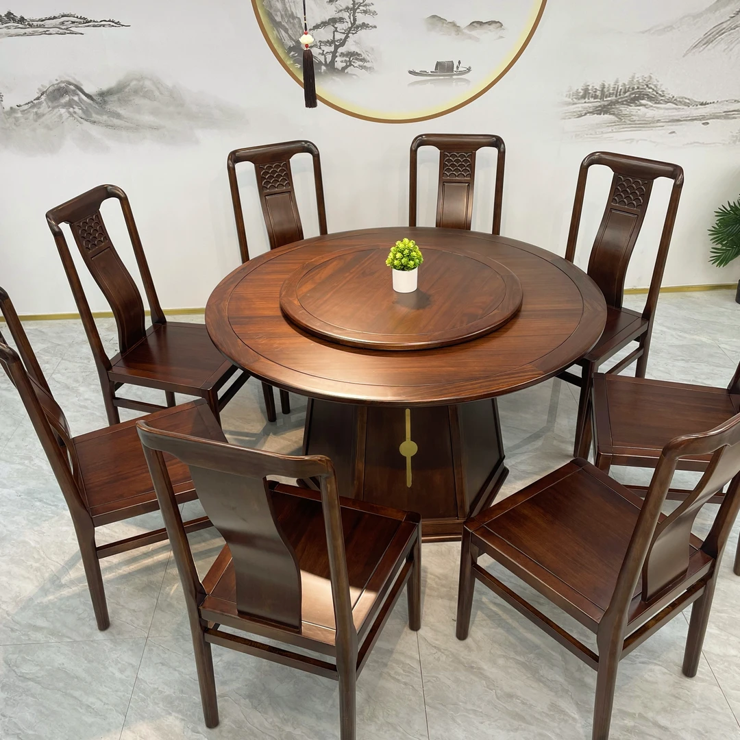 新中式实木餐桌乌金木圆形餐台定制