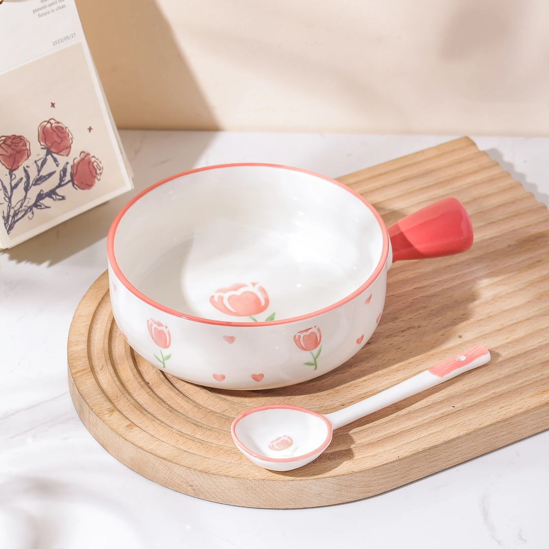 郁金香ins饭碗汤碗陶瓷釉下彩手柄碗泡面碗汤勺两件套
