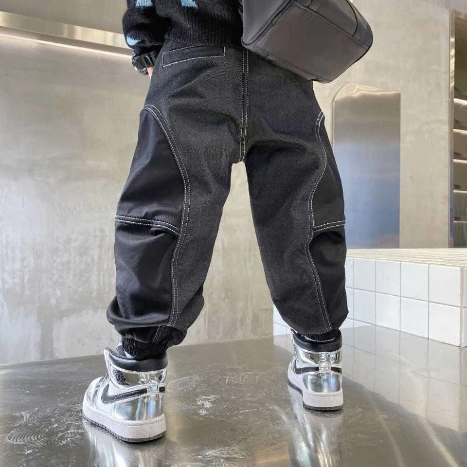 优选宝男童牛仔裤春秋2023新款洋气儿童拼接休闲裤中大童裤潮