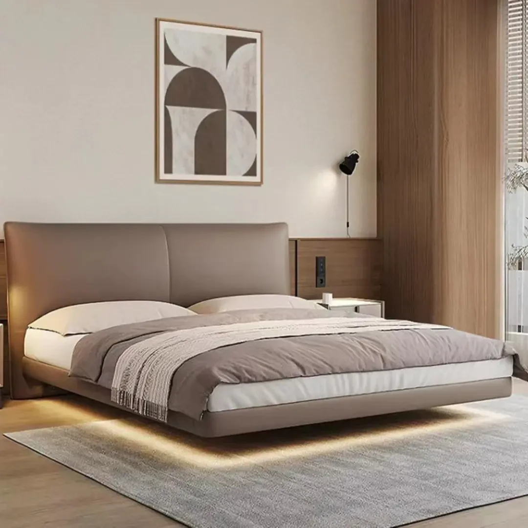 轻奢意式极简真皮床头层牛皮床简约主卧双人落地储物床F233家用