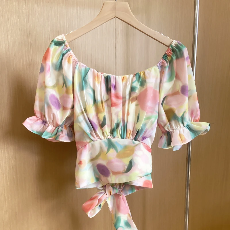 【情书油画上衣】韩版气质减龄显瘦系带喇叭袖衬衣