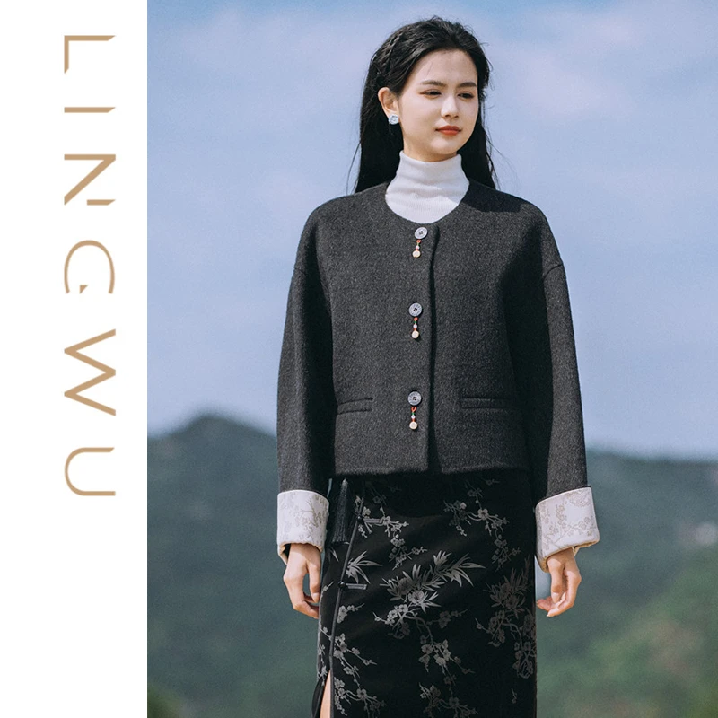 圆领袖口拼皮短呢大衣秋冬毛呢时尚短款气质