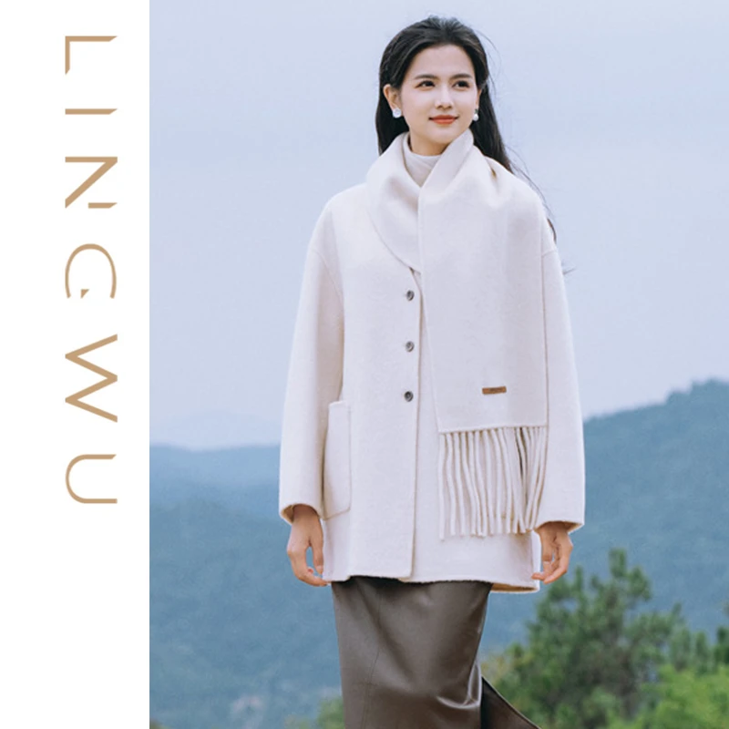 围巾款短呢大衣短款双面呢秋冬白色保暖