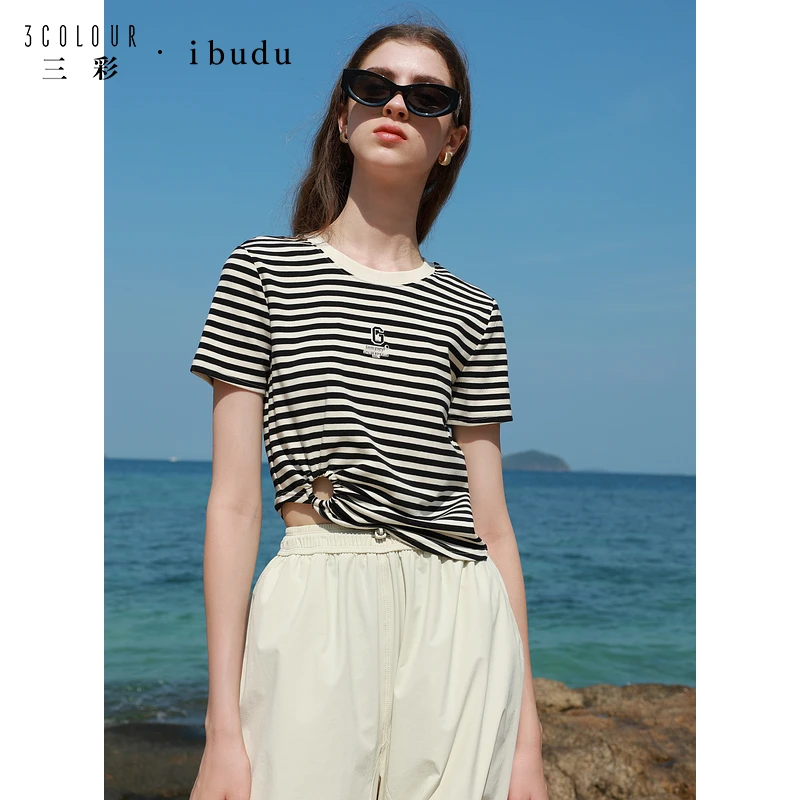 三彩ibudu2024夏季撞色字母标T恤不规则镂空设计感条纹衫女