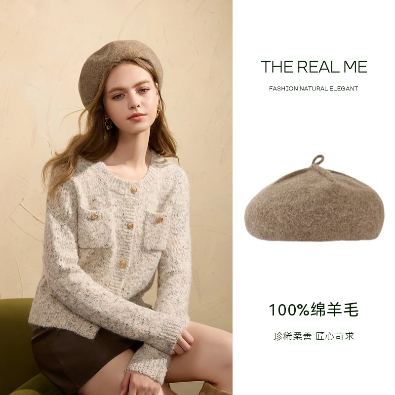 三彩2025新款全羊毛贝雷帽秋冬保暖帽子复古美拉德画家帽显脸小女