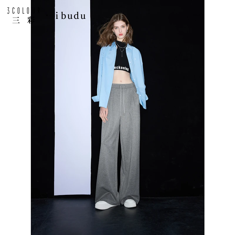 三彩ibudu2025春季新款灰色卫裤松紧抽绳休闲裤空气层长裤拖地女