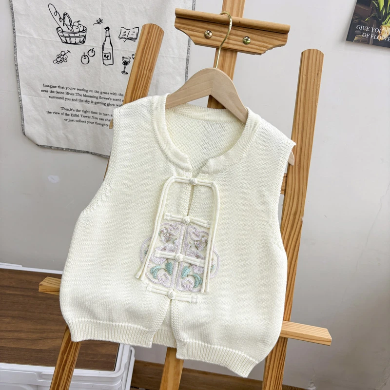 2025春夏季女童新中式国风国潮新款复古儿童宽松针织马甲背心
