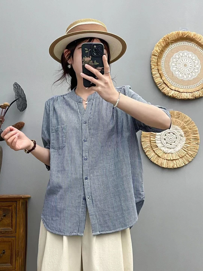 夏季新款纯棉内搭条纹衬衫日系小众短袖上衣-6525
