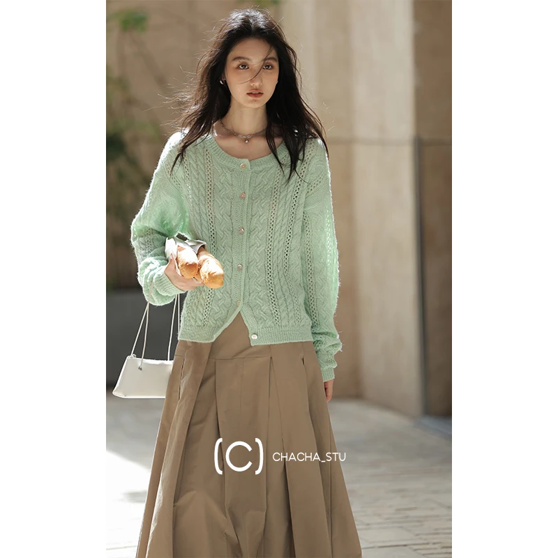 CHACHASTU早秋慵懒风麻花针织开衫外套女绿色镂空外搭上衣26136