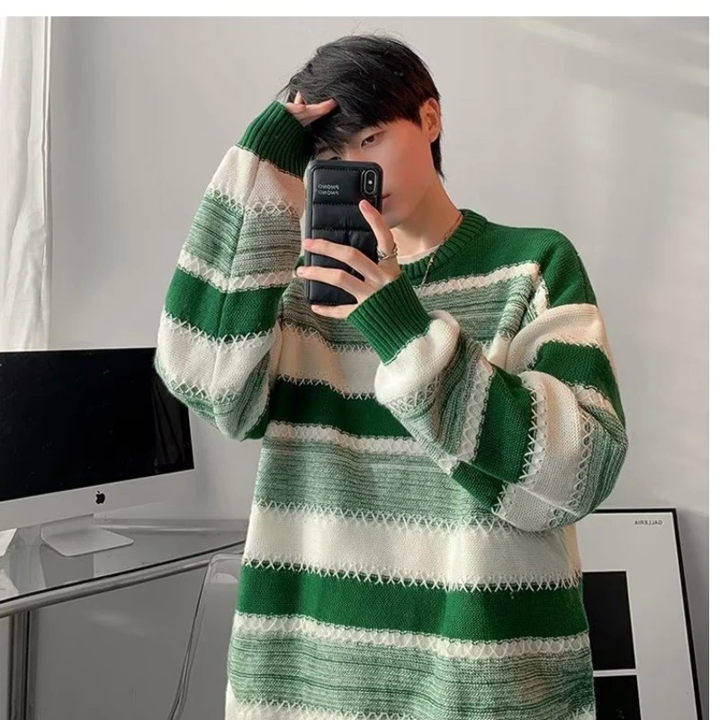 秋冬慵懒风圆领毛衣男士潮牌条纹设计感宽松高级感针织衫长袖上衣