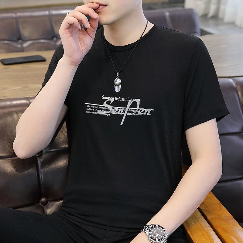 男士高档短袖夏季新款潮流百搭印花冰丝t恤半袖速干圆领上衣免烫